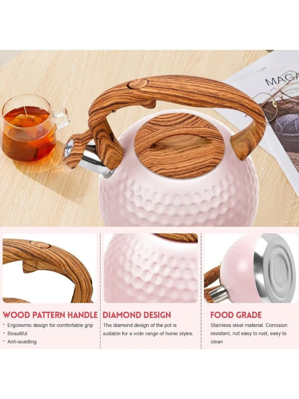GGC 3.1QT Cute Pink Stainless Steel Whistling Tea Kettle For Kitchen Stove Top